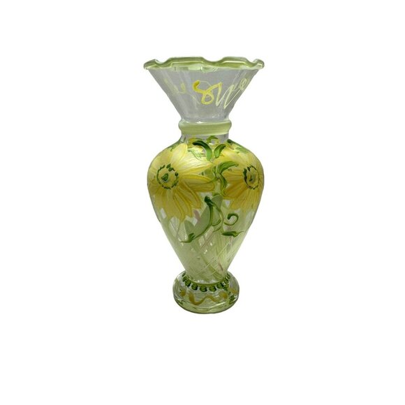 Tracy Porter Footed Hand-Painted Daisies Lattice Glass Vase Ruffled Edge - Picture 1 of 6